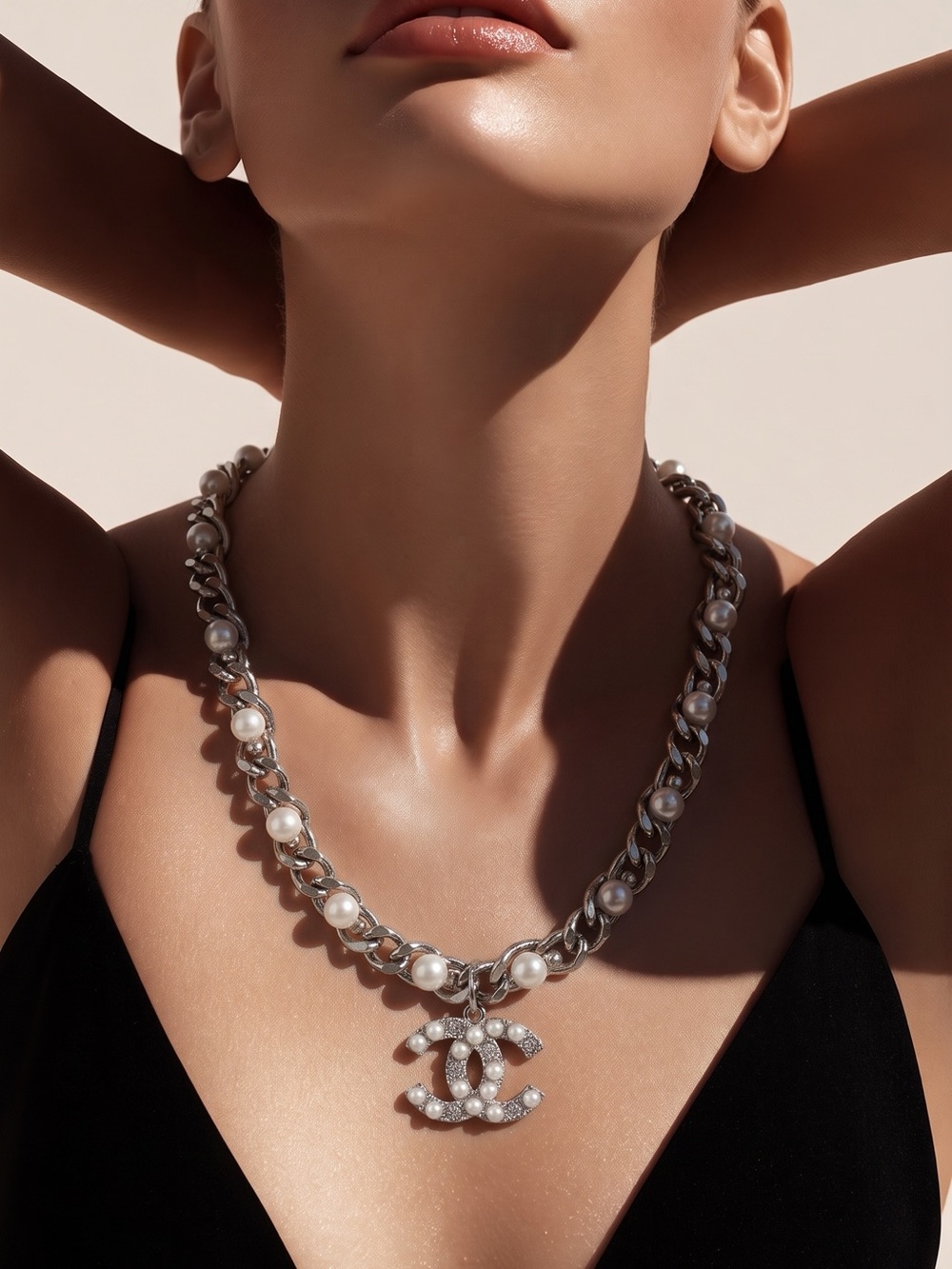 Heav duty Pearl-Accented Silver Chain Necklace with Crystal Logo Pendant